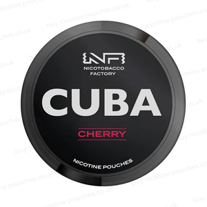 Black nicotine pouch container with CUBA Cherry branding on a white background.