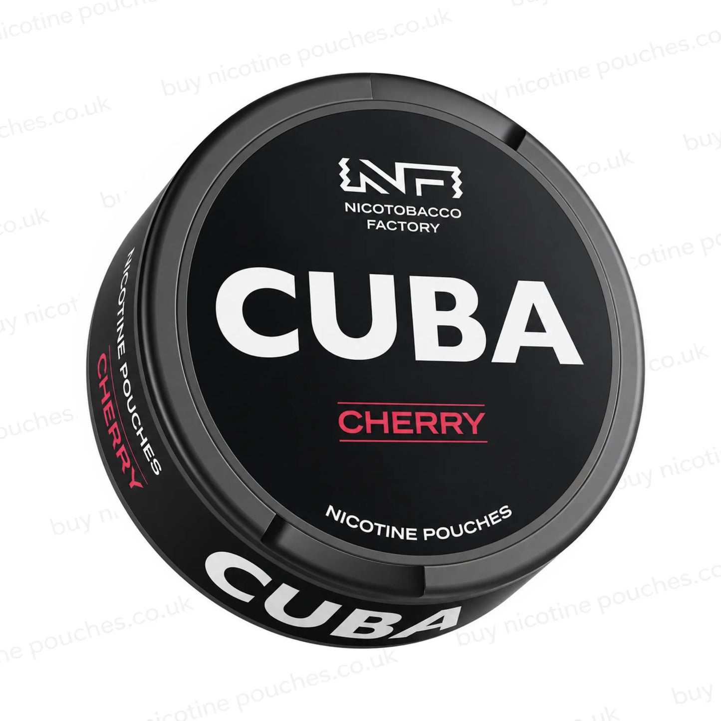 Angled shot of a black nicotine pouch container with CUBA Cherry branding on a white background.