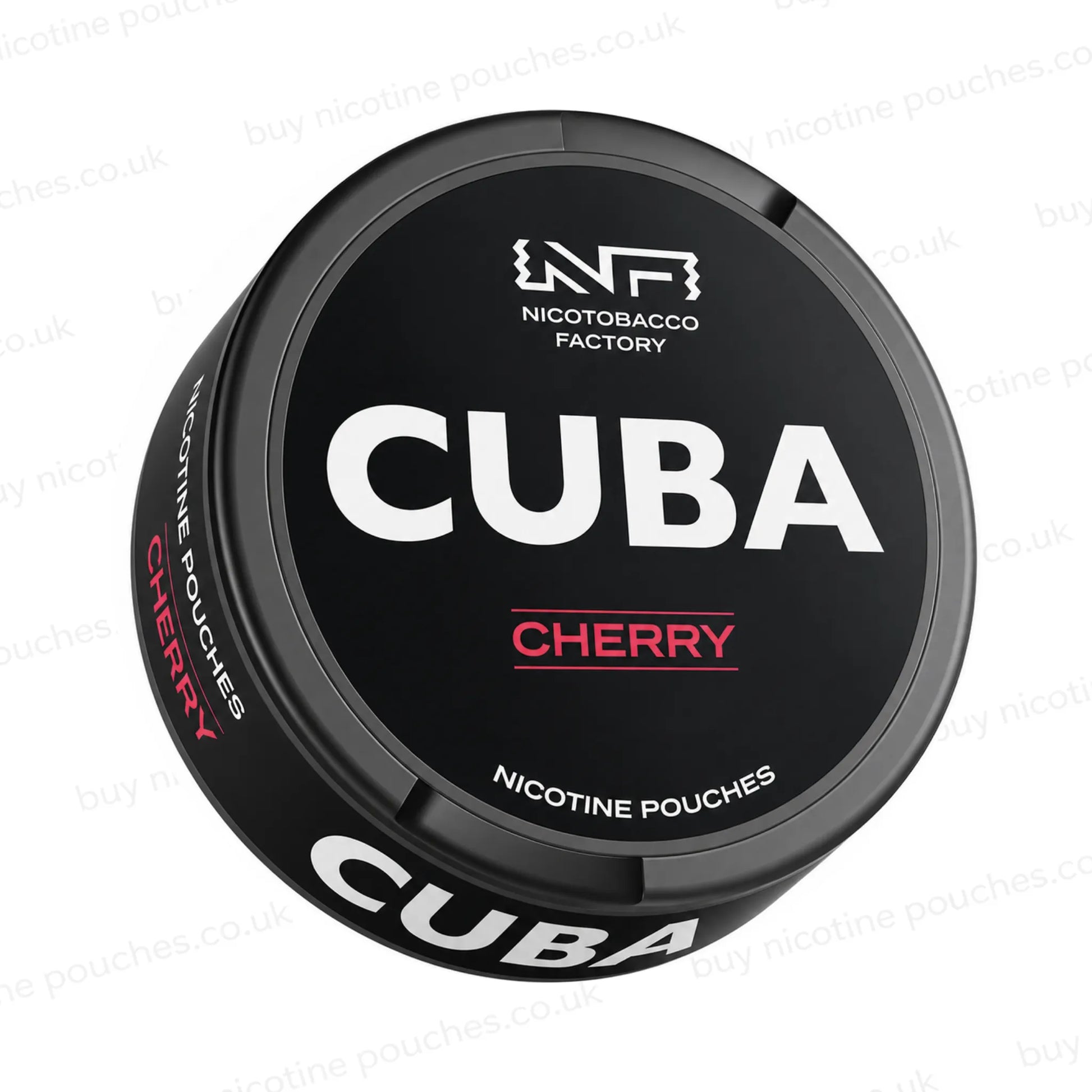 Angled shot of a black nicotine pouch container with CUBA Cherry branding on a white background.
