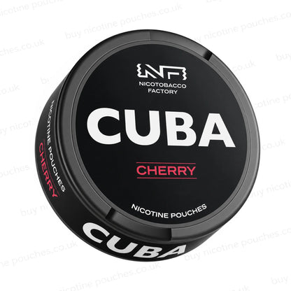 Angled shot of a black nicotine pouch container with CUBA Cherry branding on a white background.