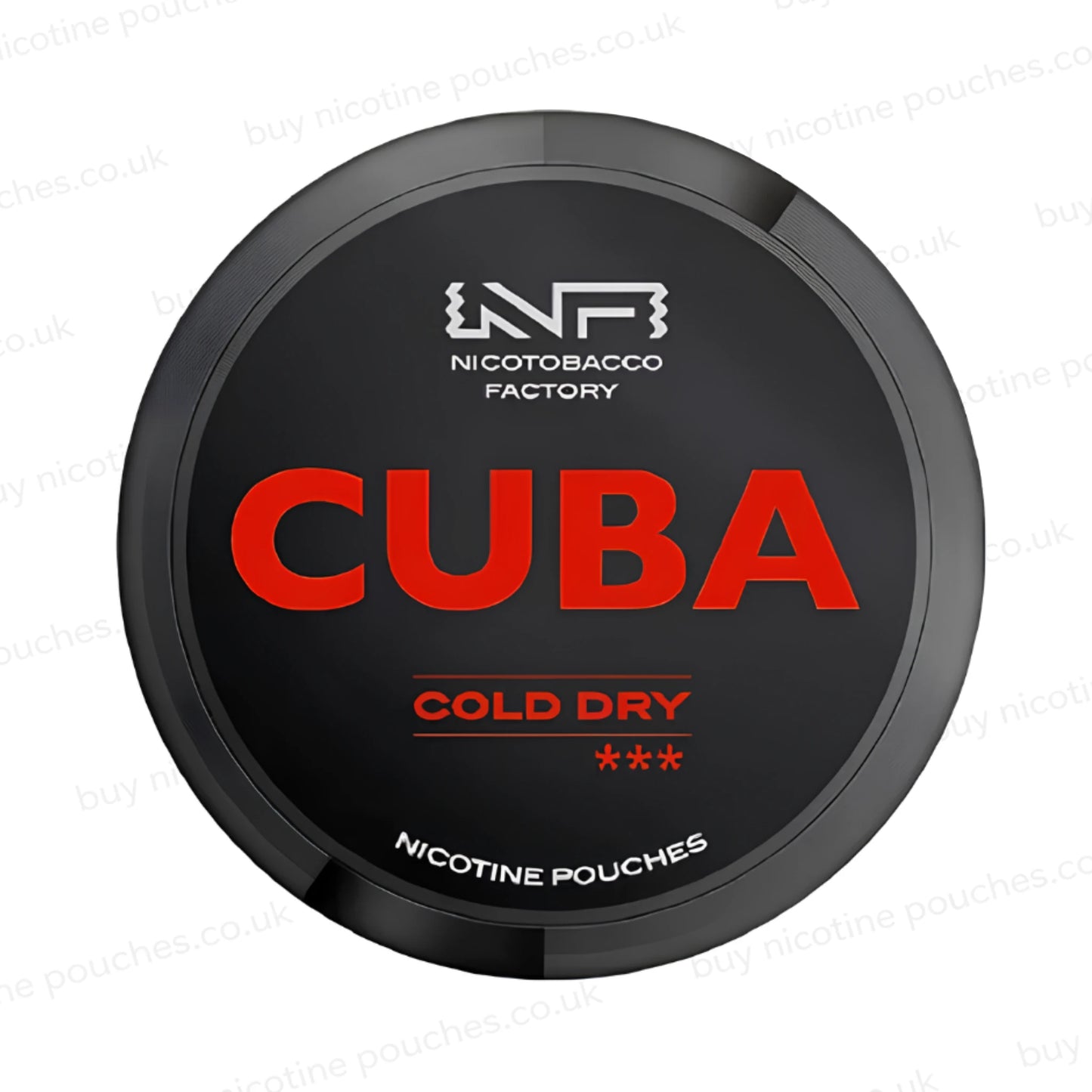 Black nicotine pouch container with red CUBA Cold Dry branding on a white background.