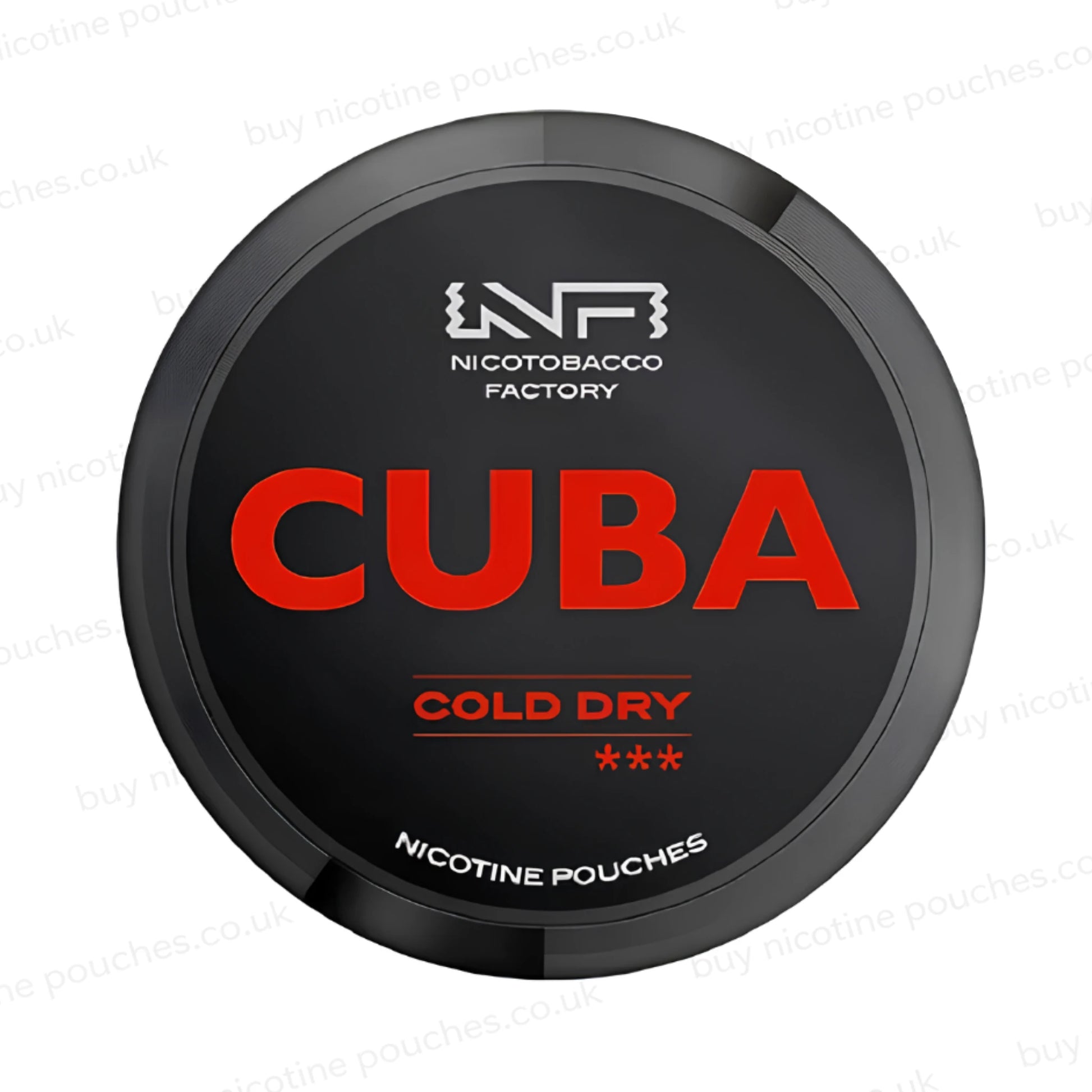 Black nicotine pouch container with red CUBA Cold Dry branding on a white background.