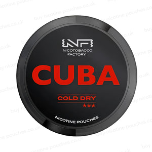 Black nicotine pouch container with red CUBA Cold Dry branding on a white background.