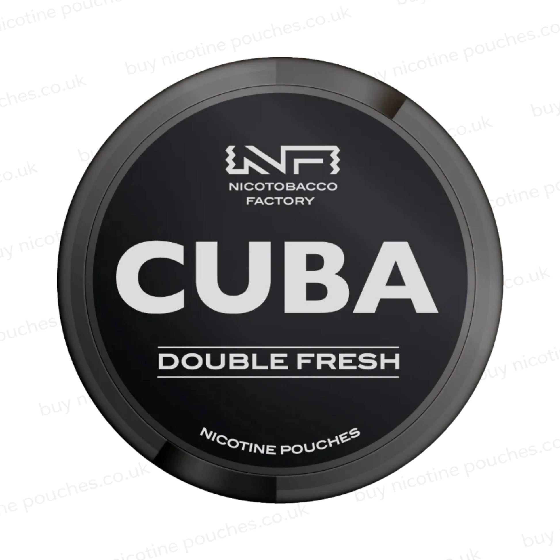 Black nicotine pouch container with CUBA Double Fresh branding on a white background.