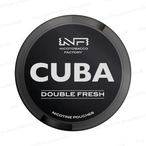 Black nicotine pouch container with CUBA Double Fresh branding on a white background.
