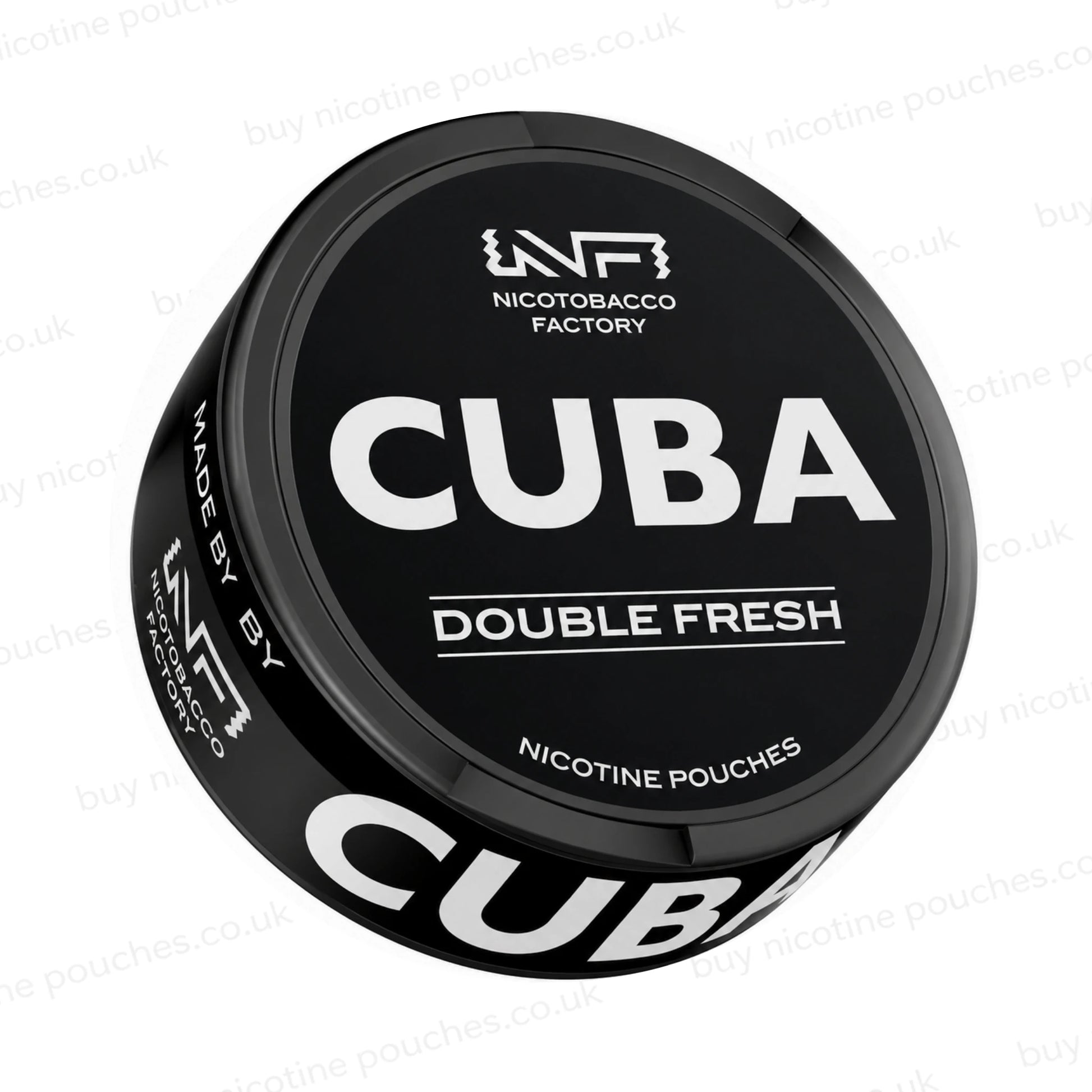 Angled shot of a black nicotine pouch container with CUBA Double Fresh branding on a white background.