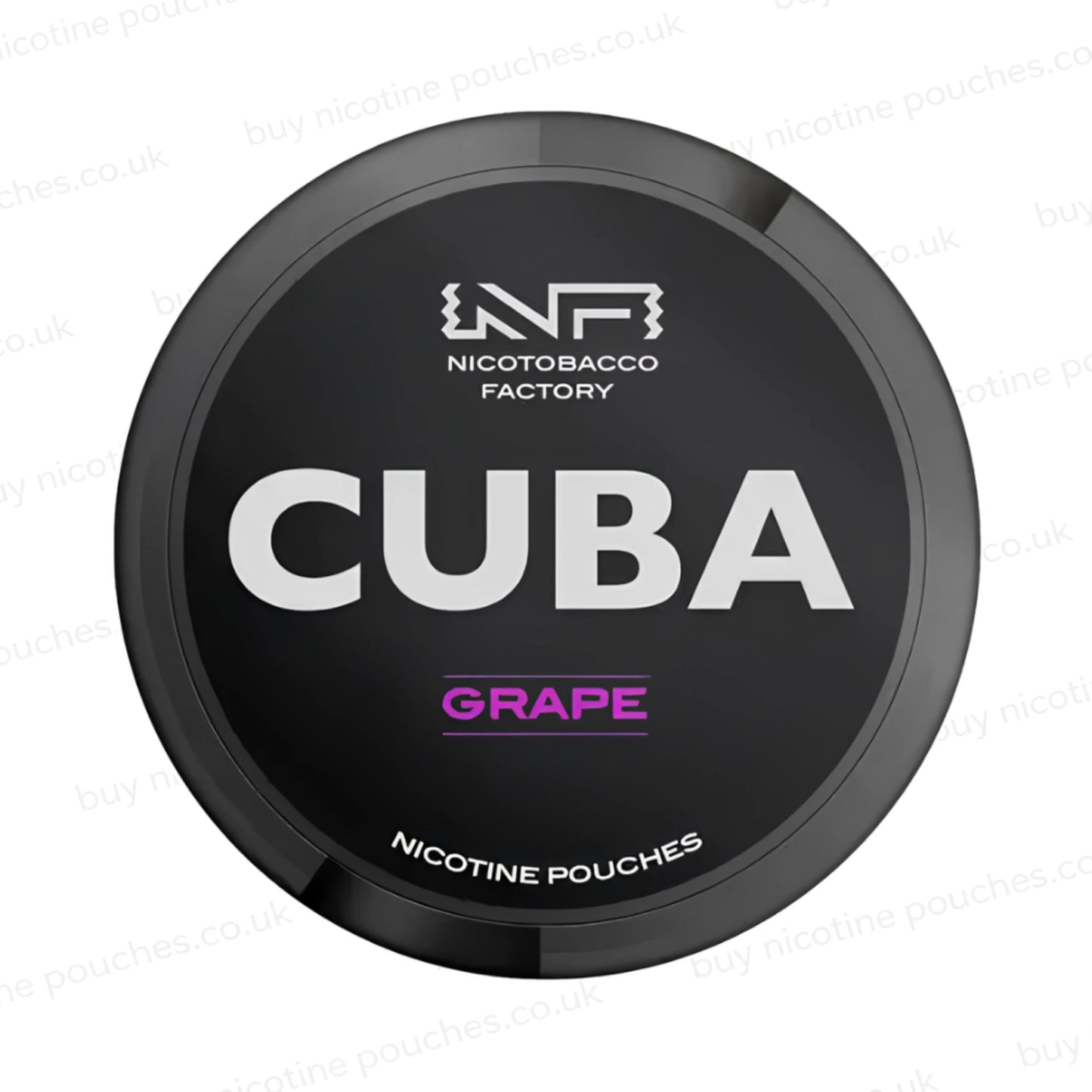 Black nicotine pouch container with CUBA Grape branding on a white background.