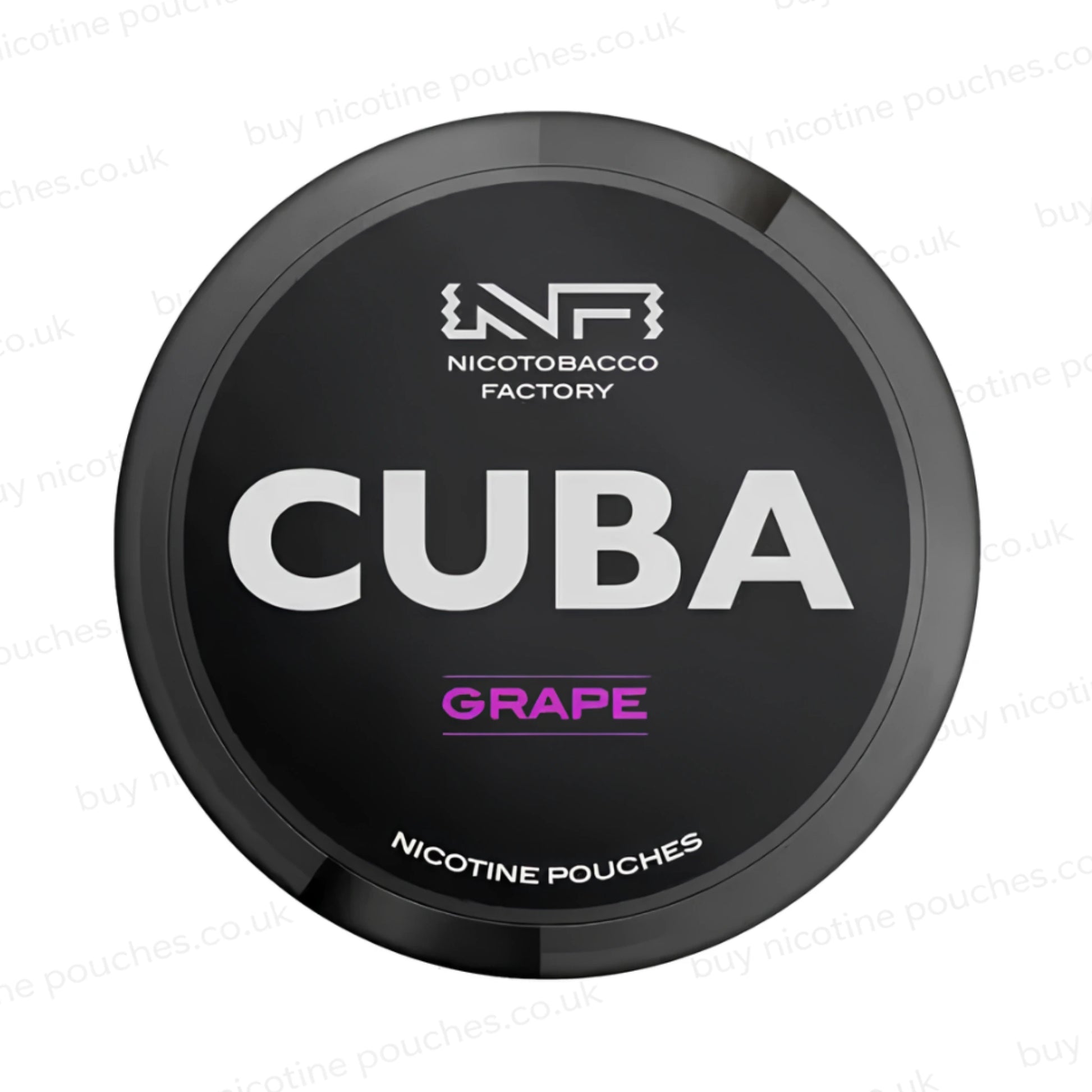 Black nicotine pouch container with CUBA Grape branding on a white background.