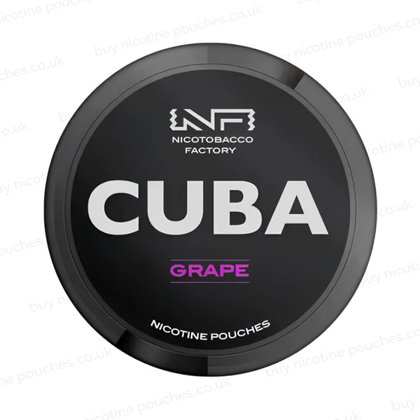 Black nicotine pouch container with CUBA Grape branding on a white background.
