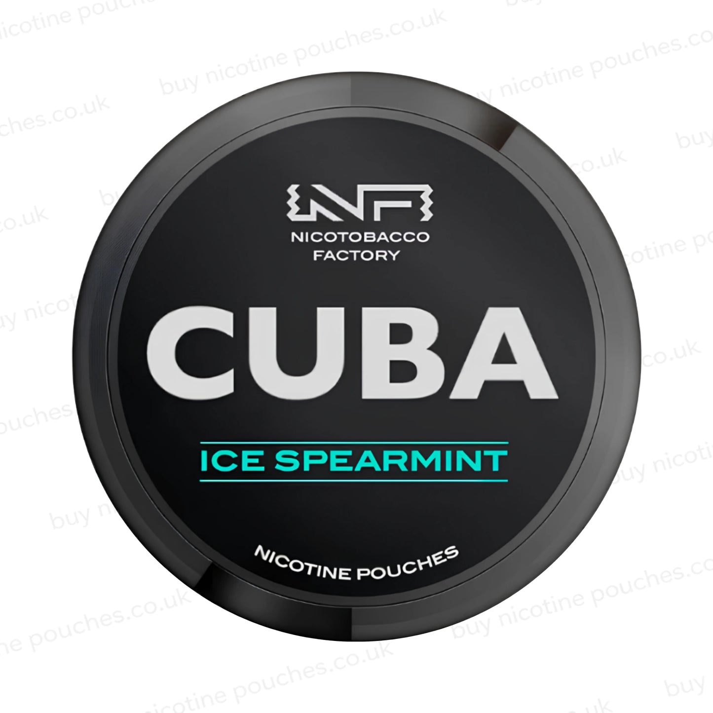 Black nicotine pouch container with CUBA Ice Spearmint branding on a white background.
