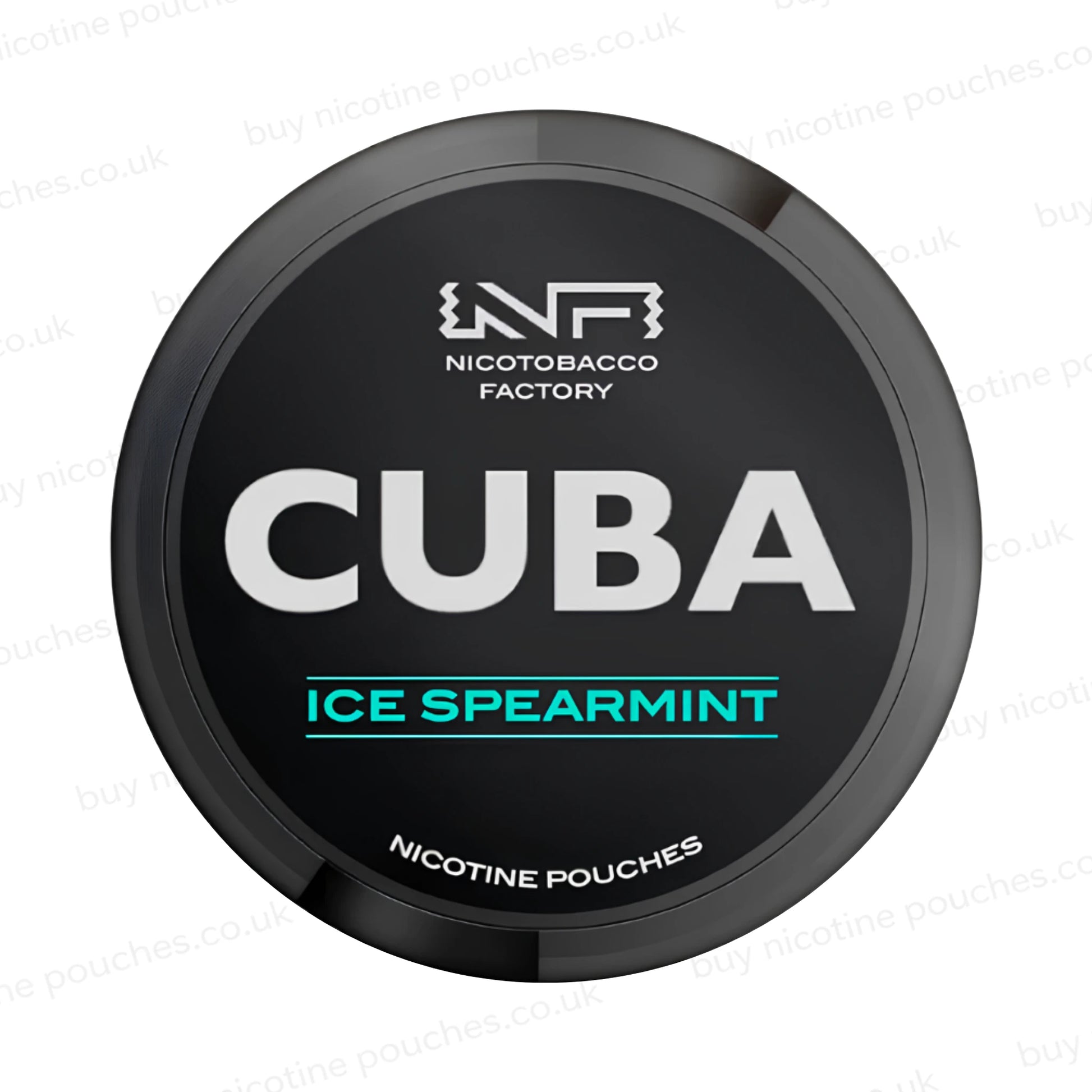 Black nicotine pouch container with CUBA Ice Spearmint branding on a white background.