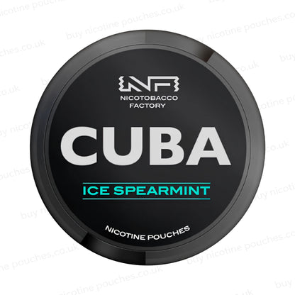 Black nicotine pouch container with CUBA Ice Spearmint branding on a white background.