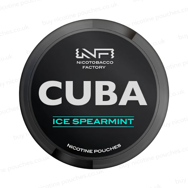 Black nicotine pouch container with CUBA Ice Spearmint branding on a white background.