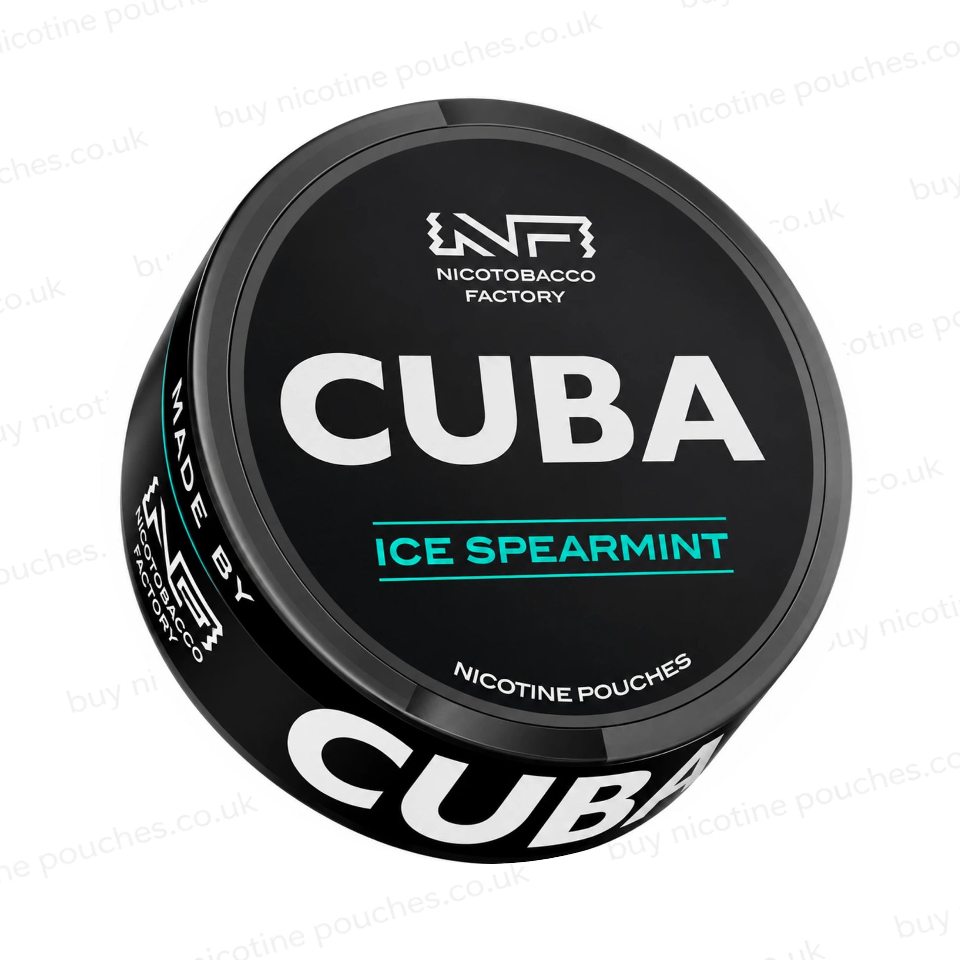Angled shot of a black nicotine pouch container with CUBA Ice Spearmint branding on a white background.