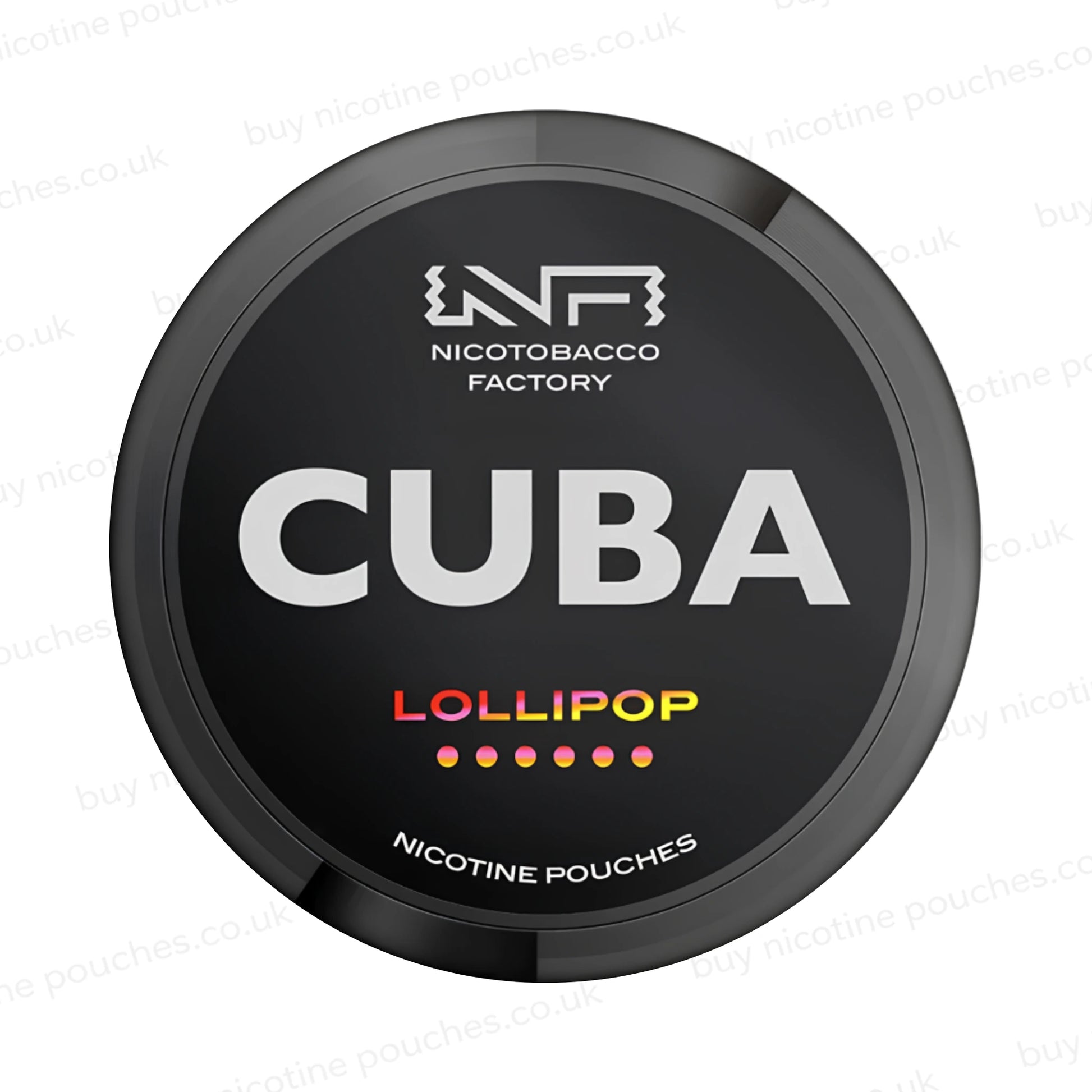 Black nicotine pouch container with CUBA Lollipop branding on a white background.