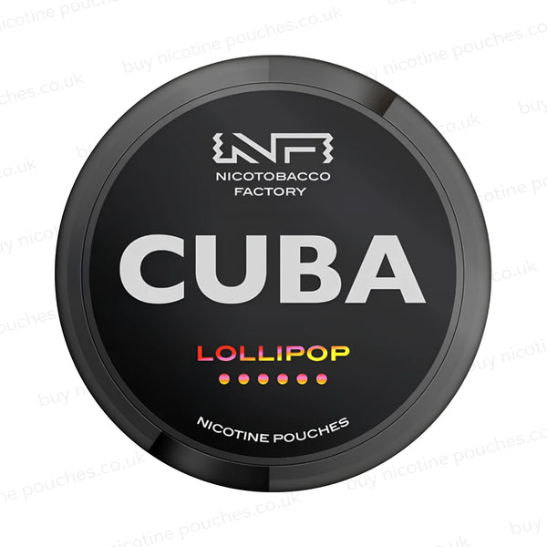 Black nicotine pouch container with CUBA Lollipop branding on a white background.
