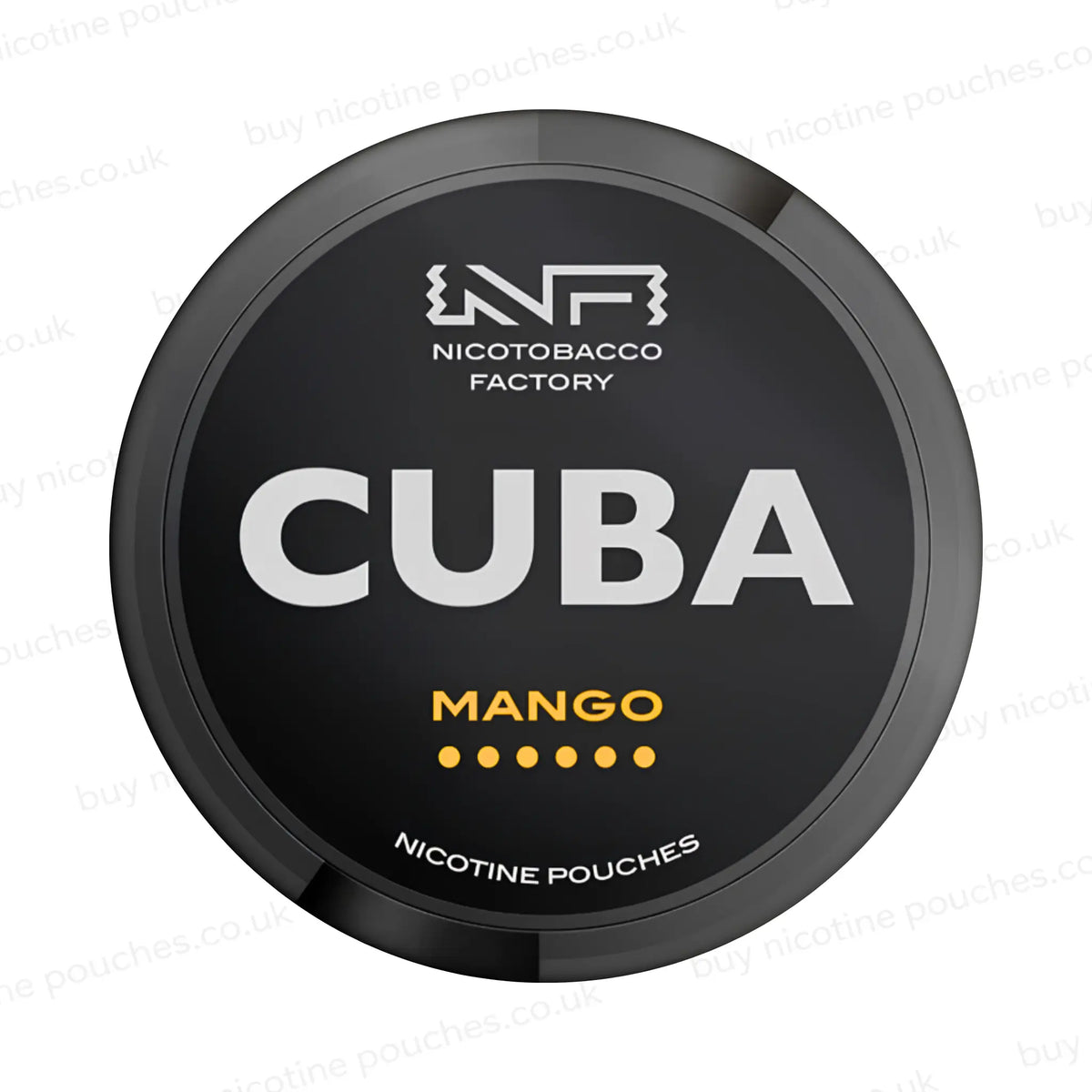 Black nicotine pouch container with CUBA Mango branding on a white background.