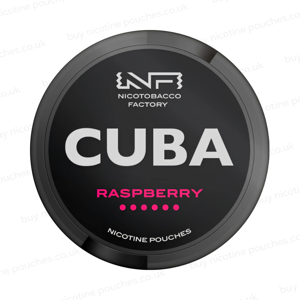 Black nicotine pouch container with CUBA Raspberry branding on a white background.