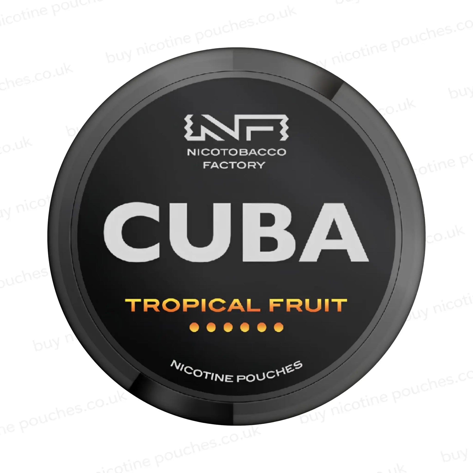 Black nicotine pouch container with CUBA Tropical Fruit branding on a white background.