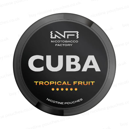 Black nicotine pouch container with CUBA Tropical Fruit branding on a white background.
