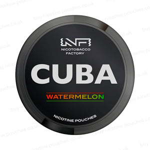 Black nicotine pouch container with CUBA Watermelon branding on a white background.