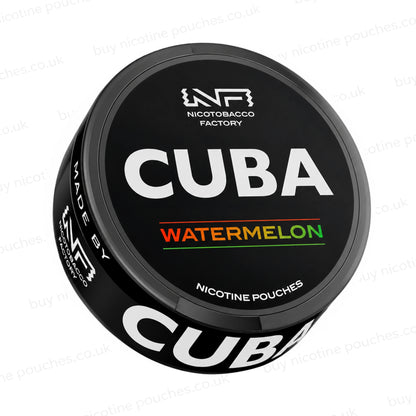 Angled shot of a black nicotine pouch container with CUBA Watermelon branding on a white background.