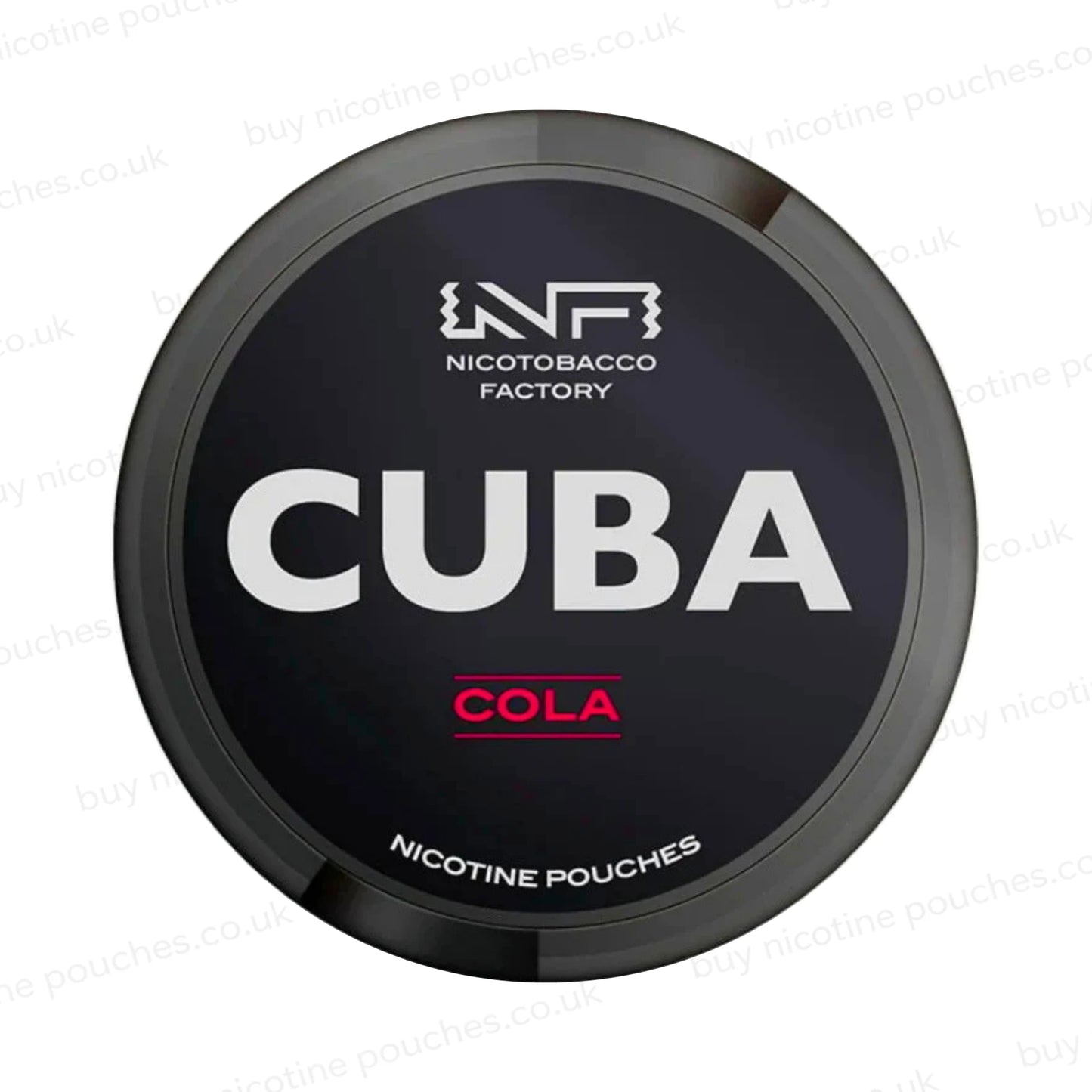 Nicotine pouch container with black CUBA Cola branding on a white background.