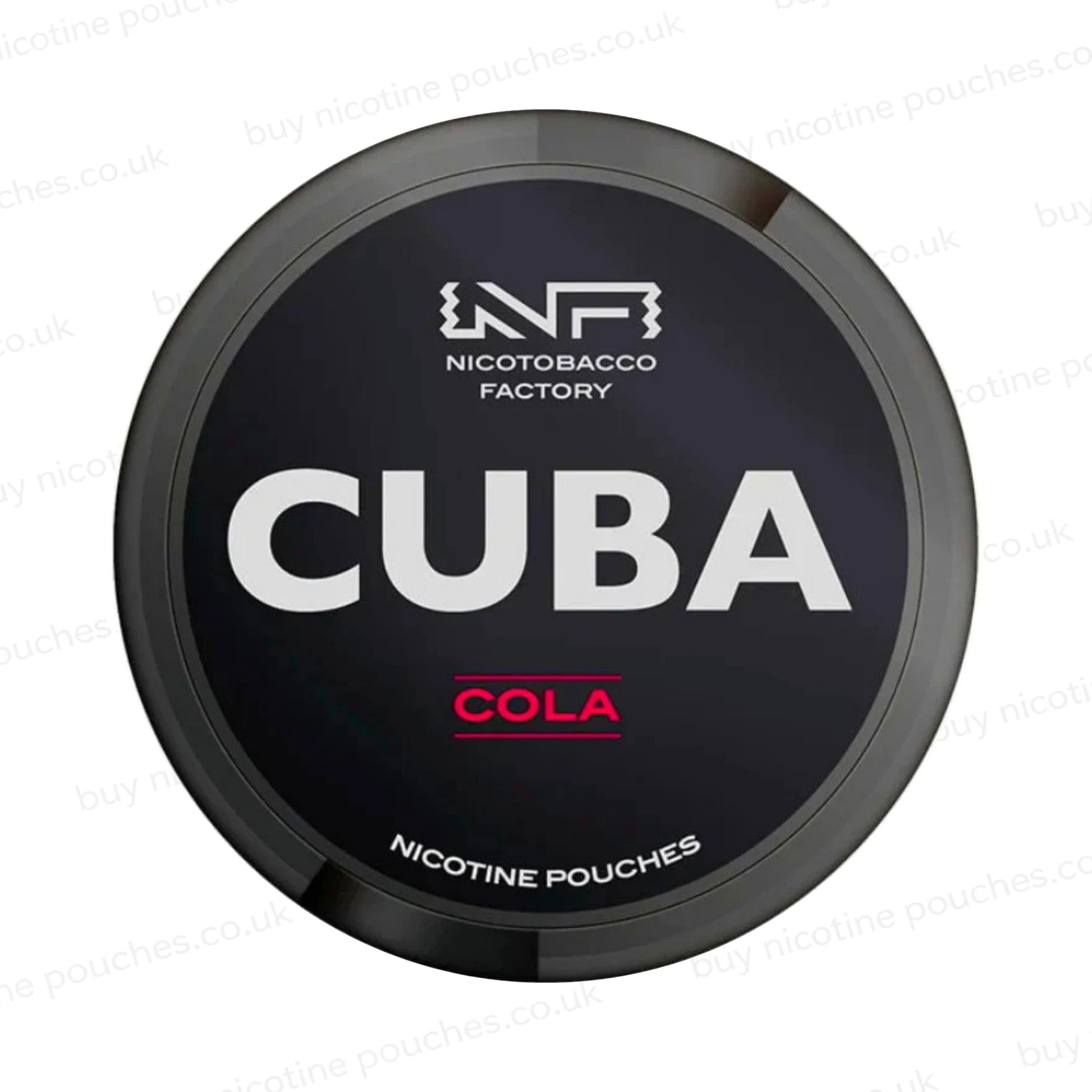 Nicotine pouch container with black CUBA Cola branding on a white background.