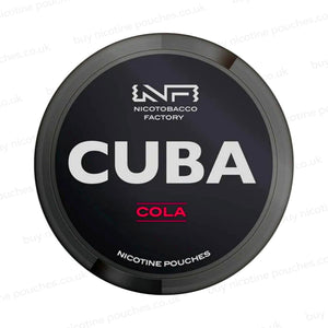Nicotine pouch container with black CUBA Cola branding on a white background.