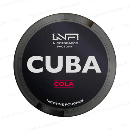 Nicotine pouch container with black CUBA Cola branding on a white background.