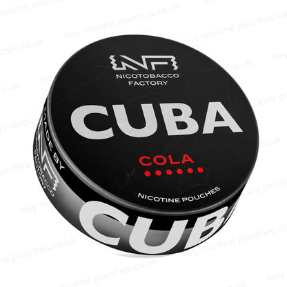 Angled shot of a nicotine pouch container with black CUBA Cola branding on a white background.