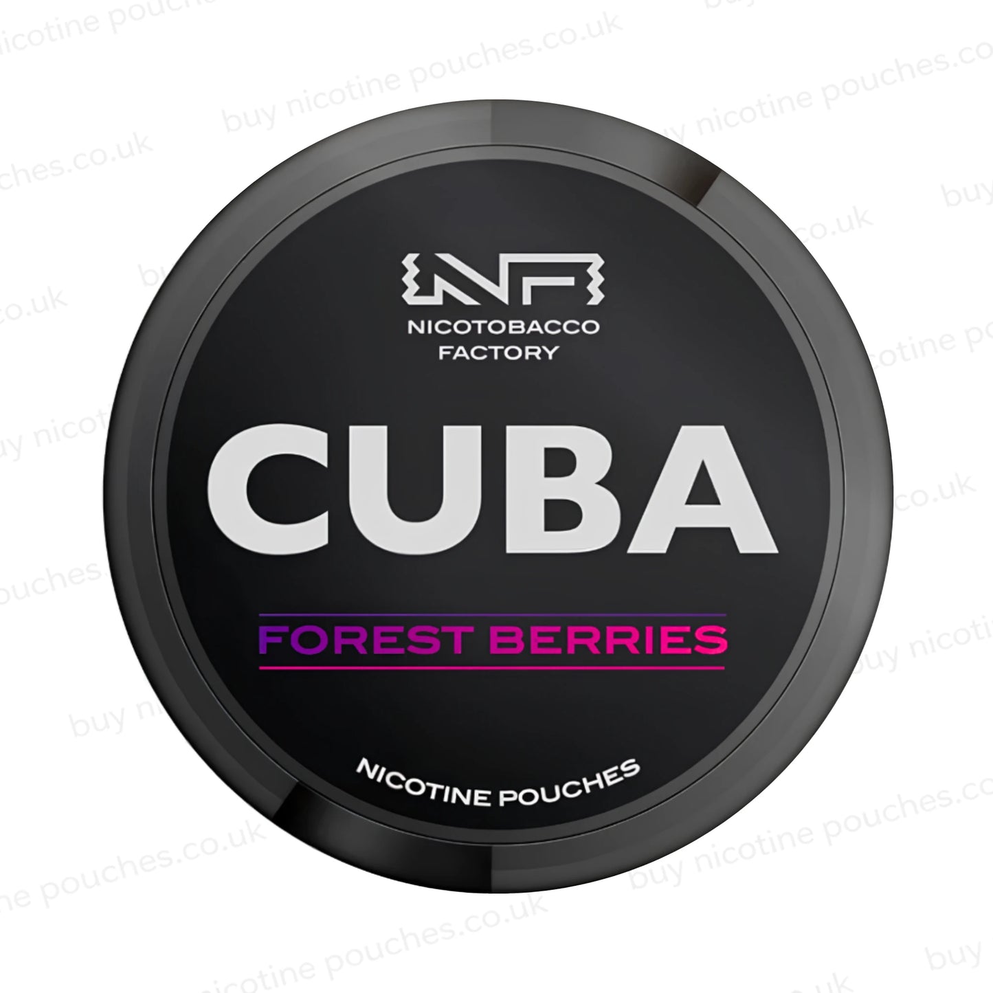 Nicotine pouch container with black CUBA Forest Berries branding on a white background.