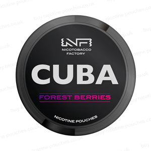 Nicotine pouch container with black CUBA Forest Berries branding on a white background.
