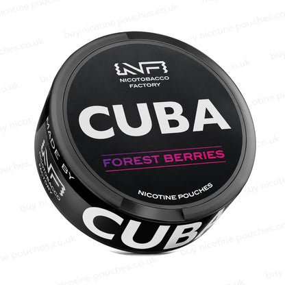 Angled shot of a nicotine pouch container with black CUBA Forest Berries branding on a white background.
