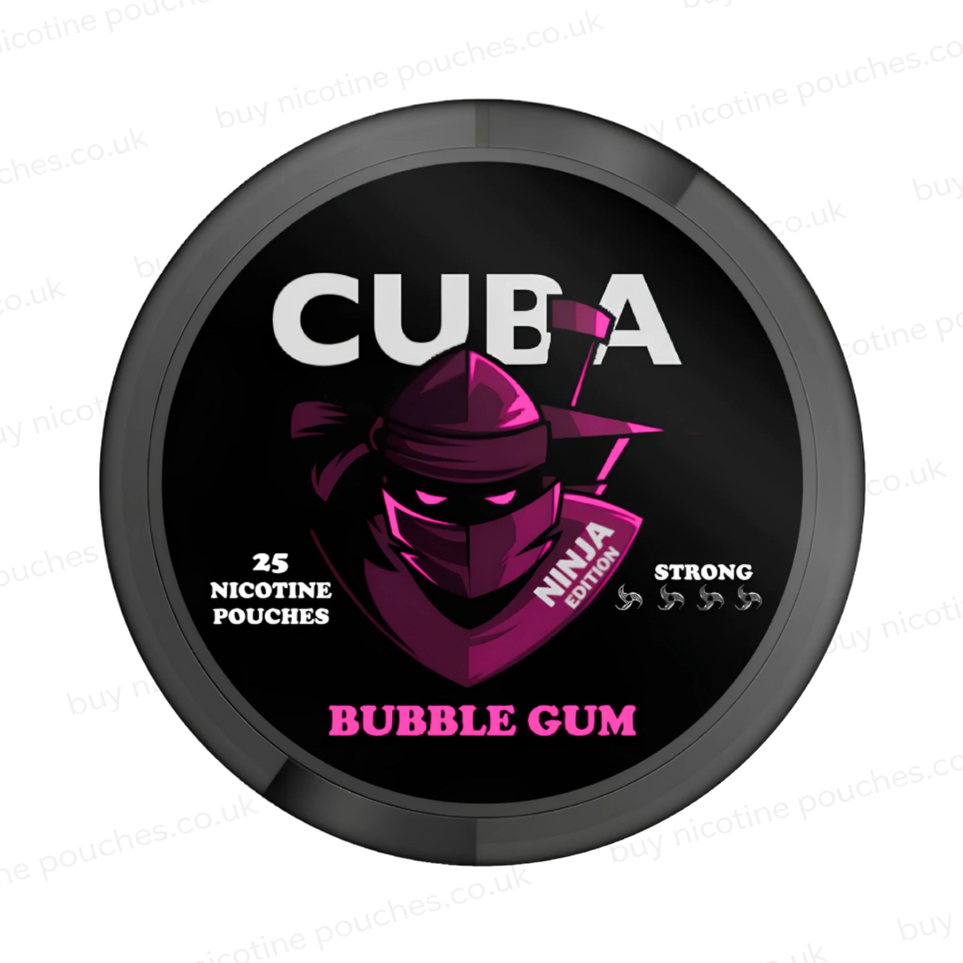 Black nicotine pouch container with pink CUBA Bubble Gum Ninja Edition branding on a white background.