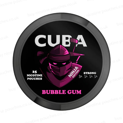Black nicotine pouch container with pink CUBA Bubble Gum Ninja Edition branding on a white background.