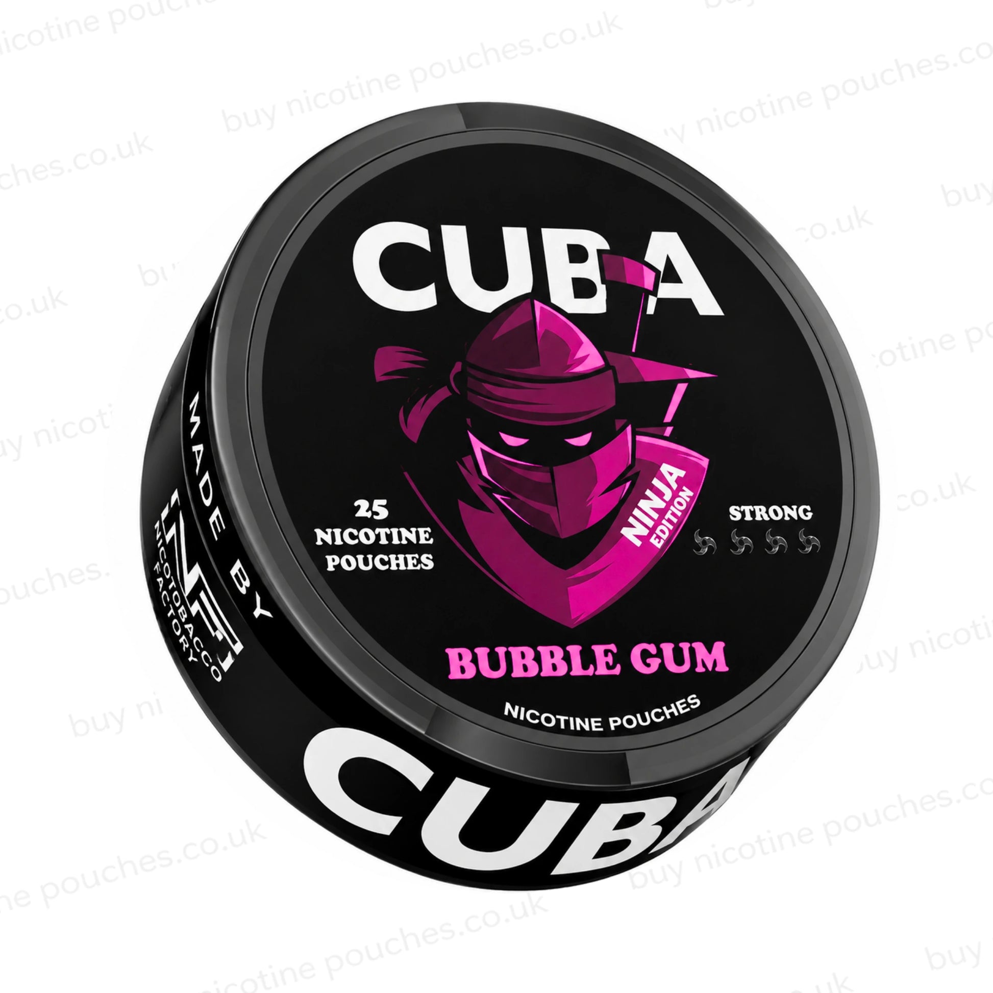 Angled shot of a black nicotine pouch container with pink CUBA Bubble Gum Ninja Edition branding on a white background.