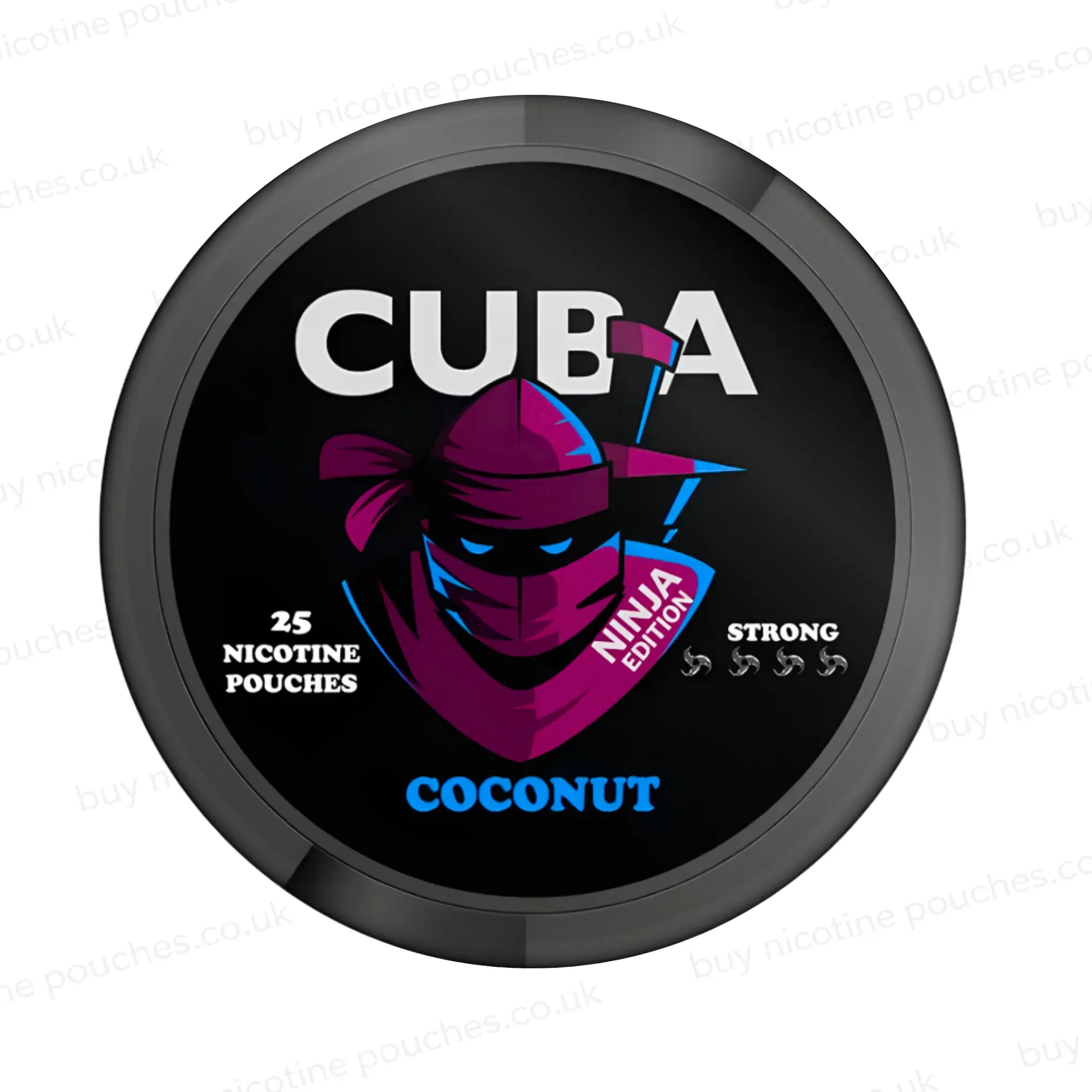 Black nicotine pouch container with CUBA Coconut Ninja Edition branding on a white background.