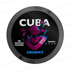 Black nicotine pouch container with CUBA Coconut Ninja Edition branding on a white background.