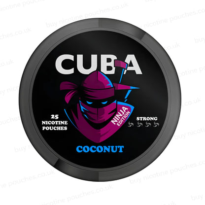 Black nicotine pouch container with CUBA Coconut Ninja Edition branding on a white background.