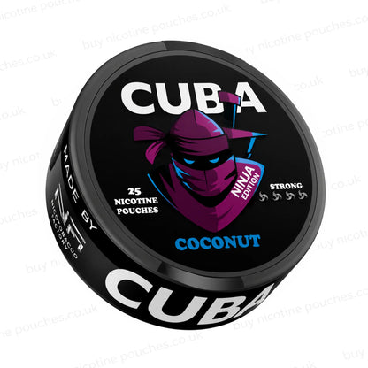 Angled shot of a black nicotine pouch container with CUBA Coconut Ninja Edition branding on a white background.