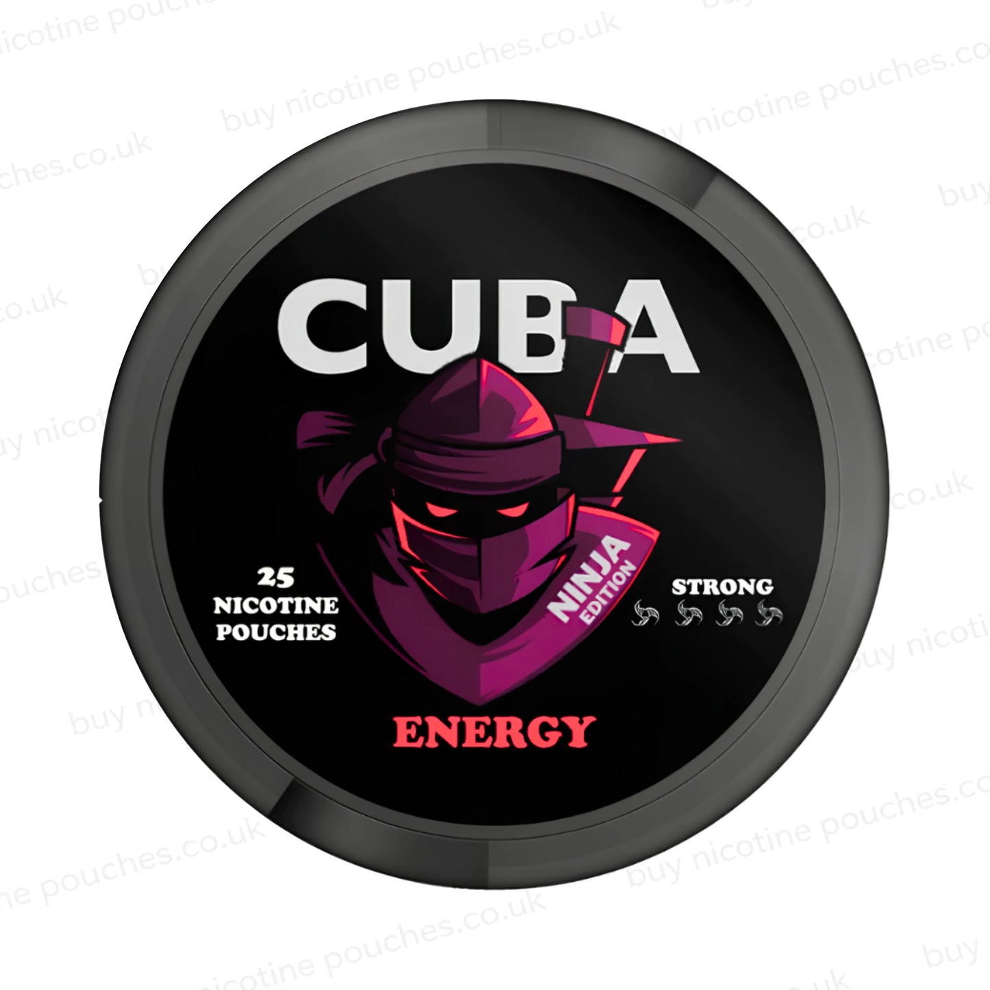 Black nicotine pouch container with CUBA Energy Ninja Edition branding on a white background.