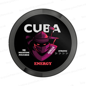 Black nicotine pouch container with CUBA Energy Ninja Edition branding on a white background.