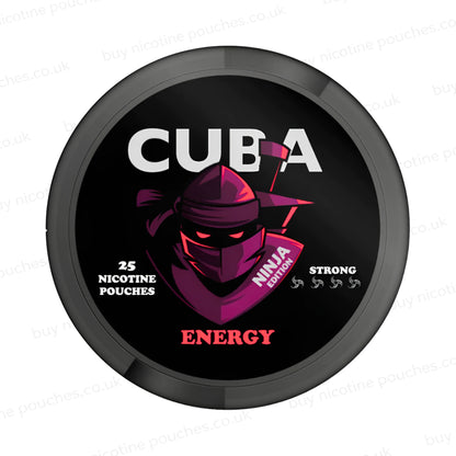 Black nicotine pouch container with CUBA Energy Ninja Edition branding on a white background.