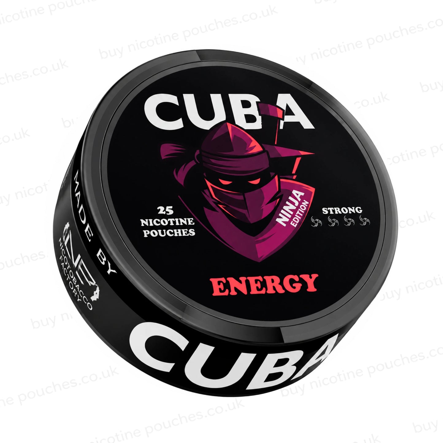 Angled shot of a black nicotine pouch container with CUBA Energy Ninja Edition branding on a white background.