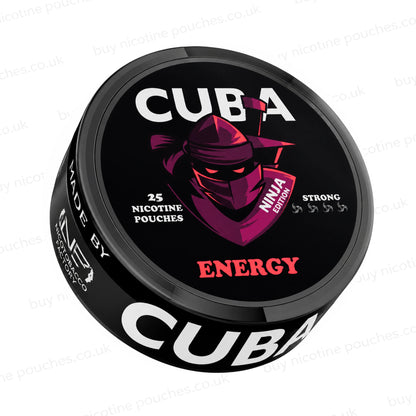 Angled shot of a black nicotine pouch container with CUBA Energy Ninja Edition branding on a white background.