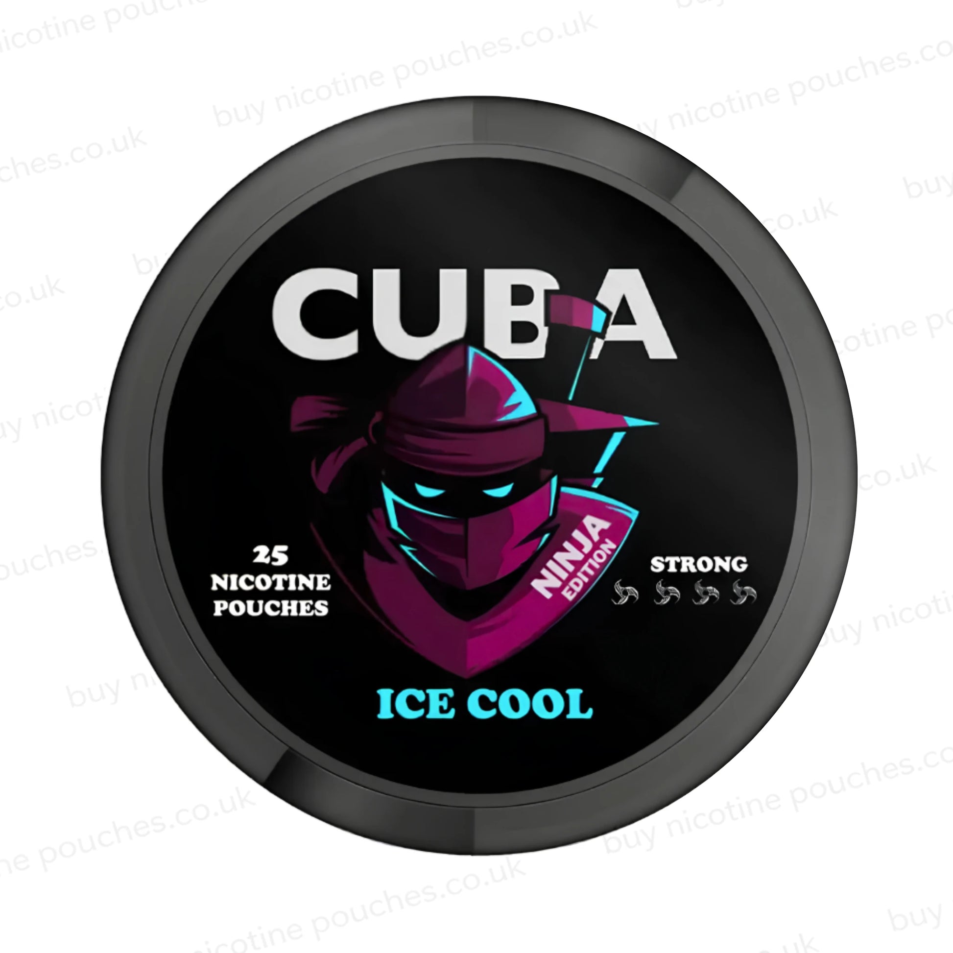 Black nicotine pouch container with CUBA Ninja Edition Ice Cool branding on a white background.