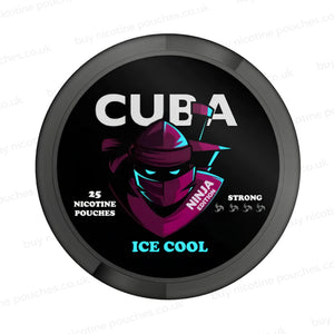 Black nicotine pouch container with CUBA Ninja Edition Ice Cool branding on a white background.