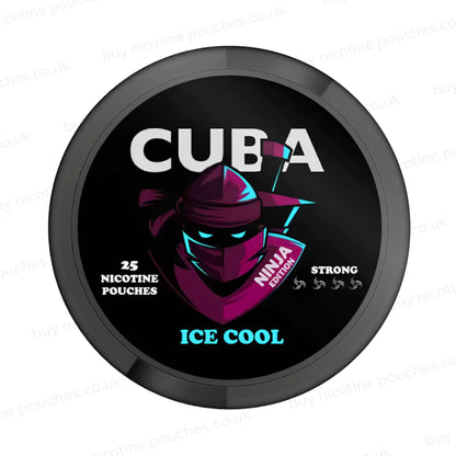 Black nicotine pouch container with CUBA Ninja Edition Ice Cool branding on a white background.