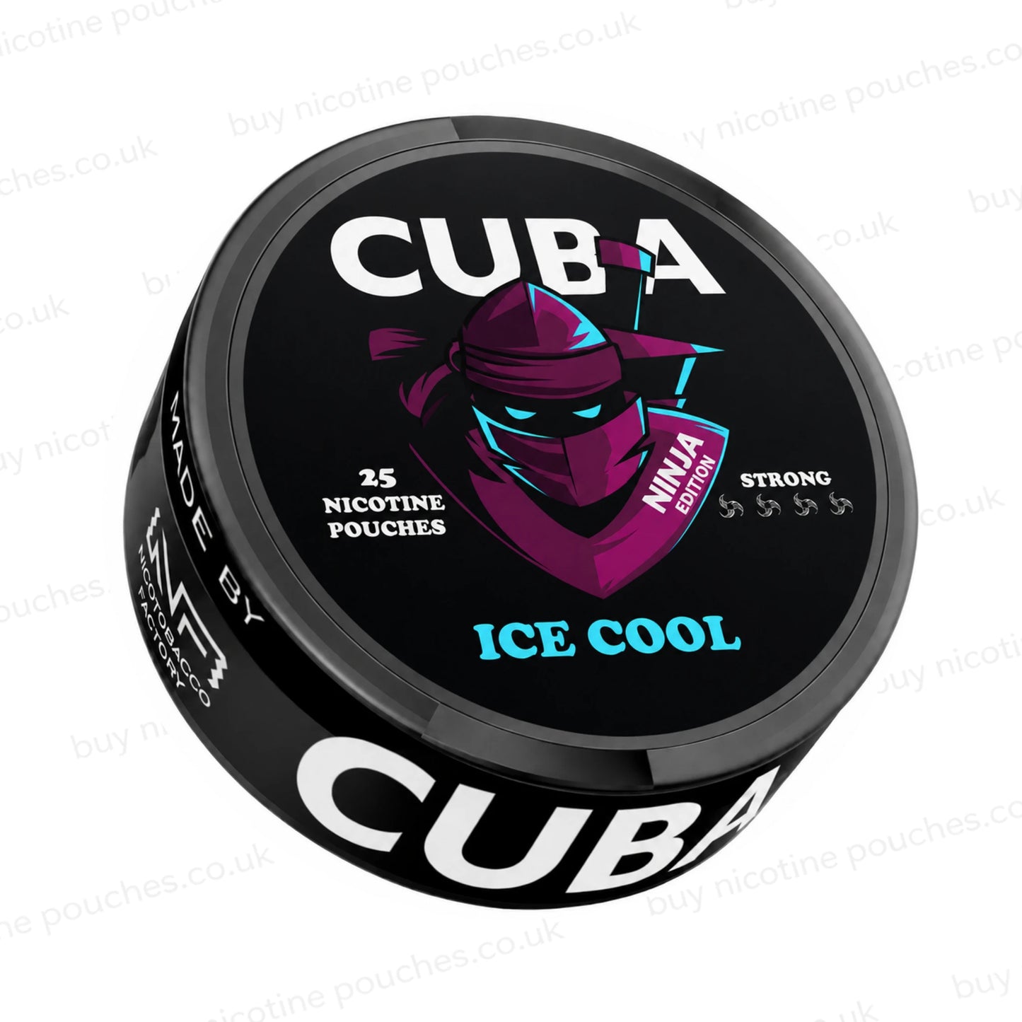 Angled shot of a black nicotine pouch container with CUBA Ninja Edition Ice Cool branding on a white background.